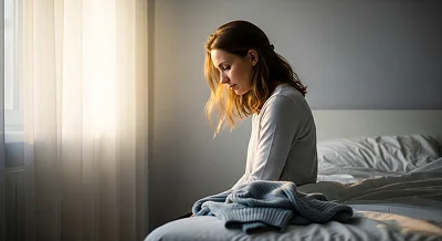 Грустная девушка в спальне